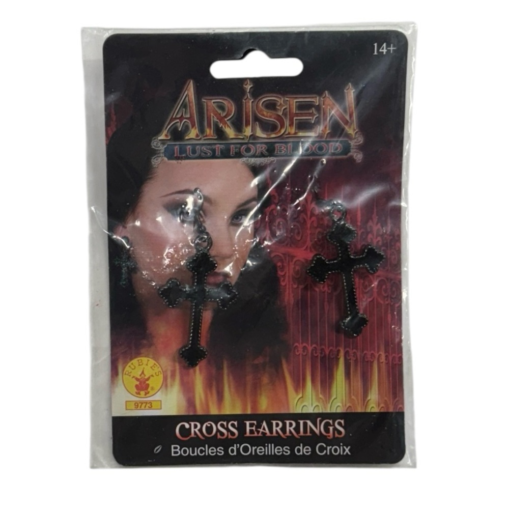 Rubie’s black colored cross earrings brand new in packaging never opened or worn